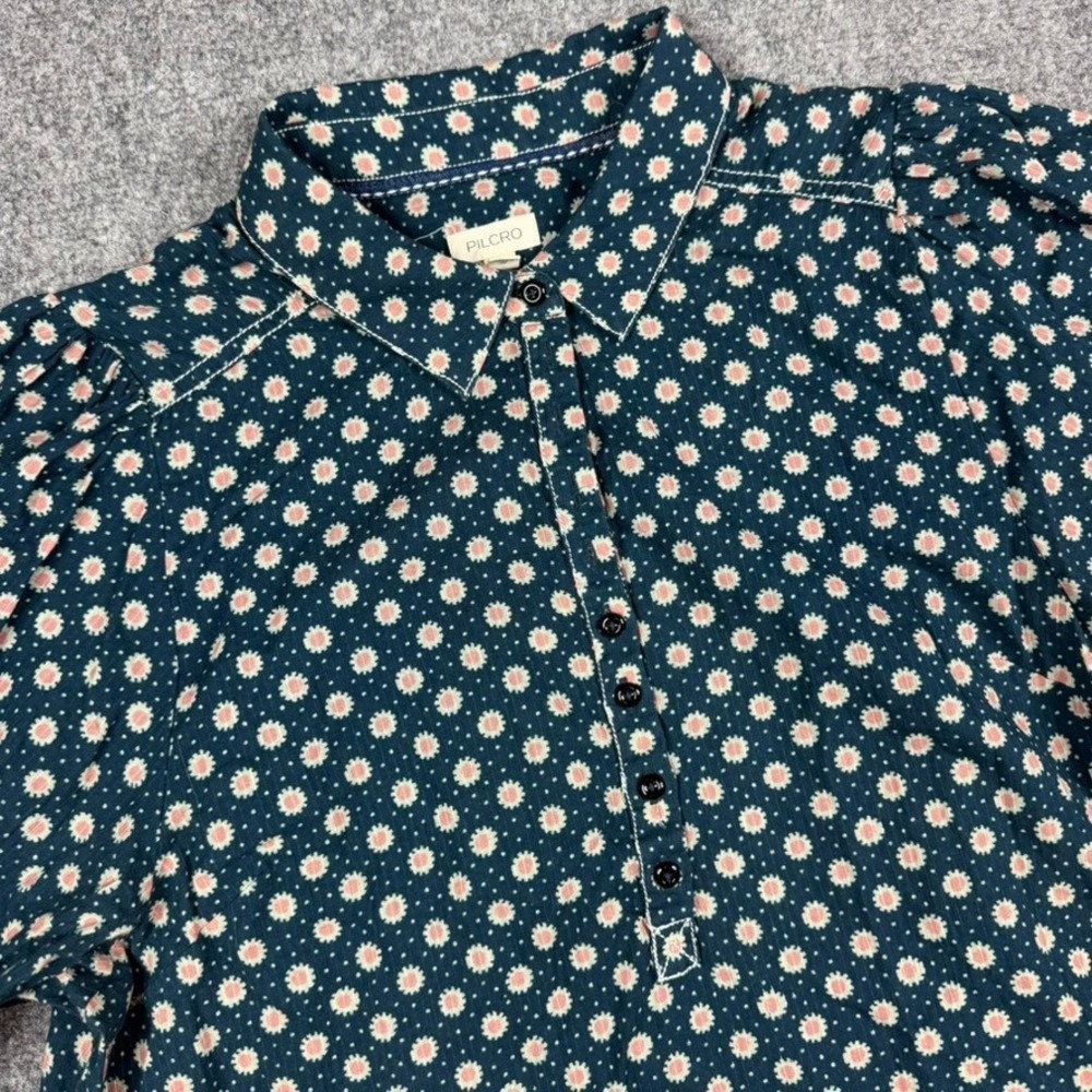 Pilcro Tallulah Blouse Women Large Teal Pink Floral Puff Sleeve Button Top